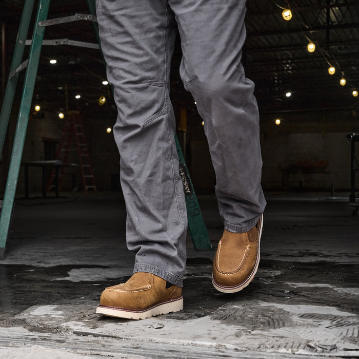 View 2 man in BRUNT 6 inch water-resistant slip-on composite ohman moc toe work boot in brown