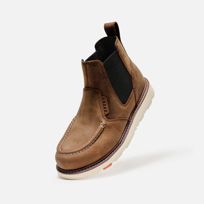 45 degree angle of the left BRUNT 6 inch water-resistant slip-on composite toe ohman moc toe work boot in brown