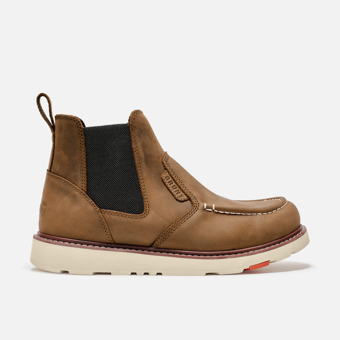 View 1 right side of the BRUNT 6 inch water-resistant slip-on ohman moc toe work boot in brown