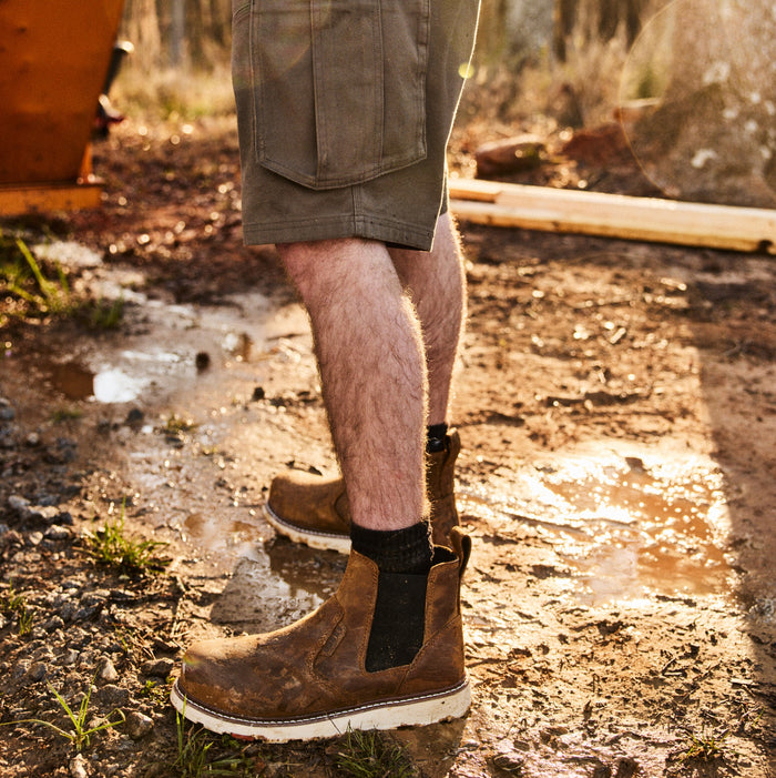 BRUNT 6 inch water-resistant slip-on ohman work boot in brown on the jobsite