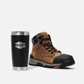45 degree angle of the right BRUNT 6 inch durable 90 degree heel composite toe work boot in brown with 20oz BRUNT tumbler in black