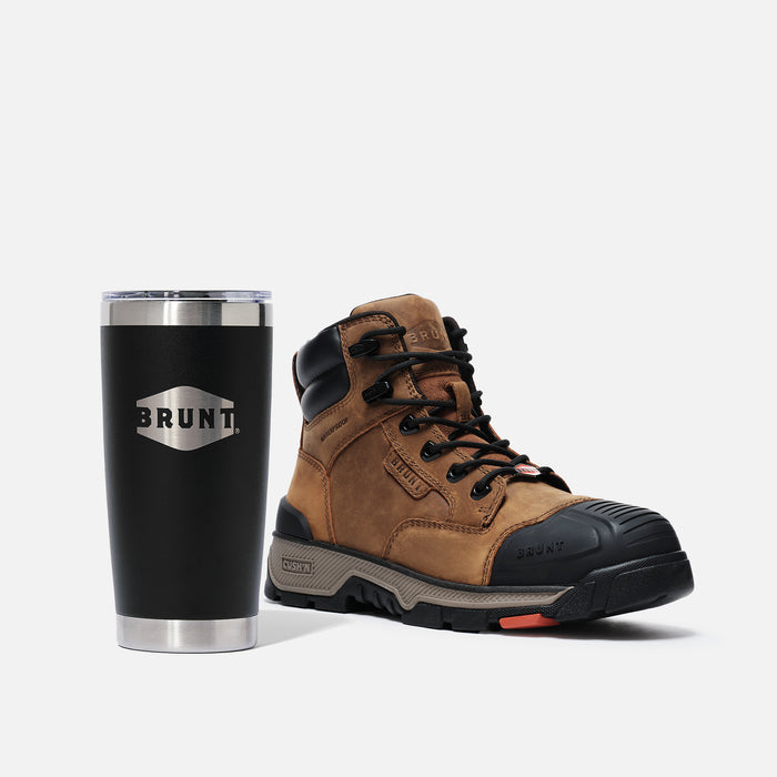 45 degree angle of the right BRUNT 6 inch durable 90 degree heel composite toe work boot in brown with 20oz BRUNT tumbler in black