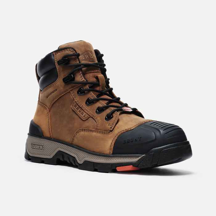 45 degree angle of the right BRUNT 6 inch durable 90 degree heel composite toe work boot in brown