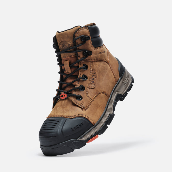 45 degree angle of the left BRUNT 6 inch durable 90 degree heel composite toe work boot in brown