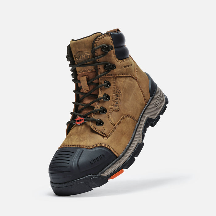 45 degree angle of the left BRUNT 6 inch durable 90 degree heel composite toe work boot in brown