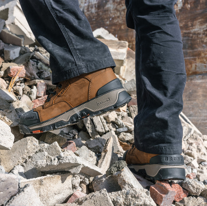 BRUNT 6 inch 90 degree heel work boot in brown on jobsite