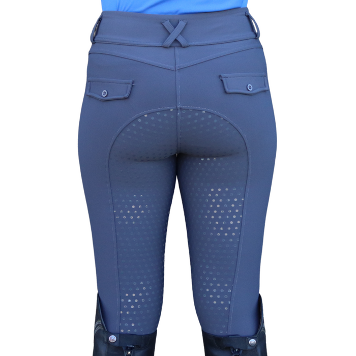 Gray equestrian pants with a textured design on a white background