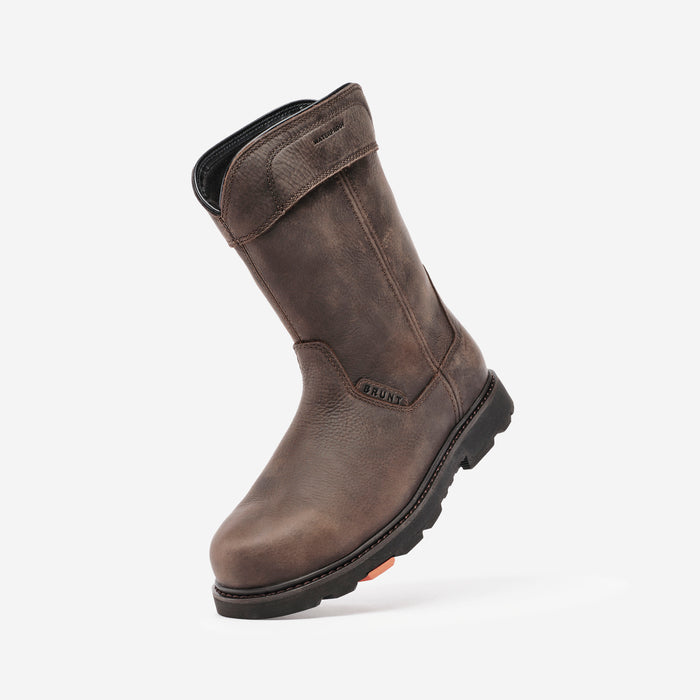 45 degree angle of the left side of the BRUNT 10 inch waterproof composite toe pull-on work boot in dark brown