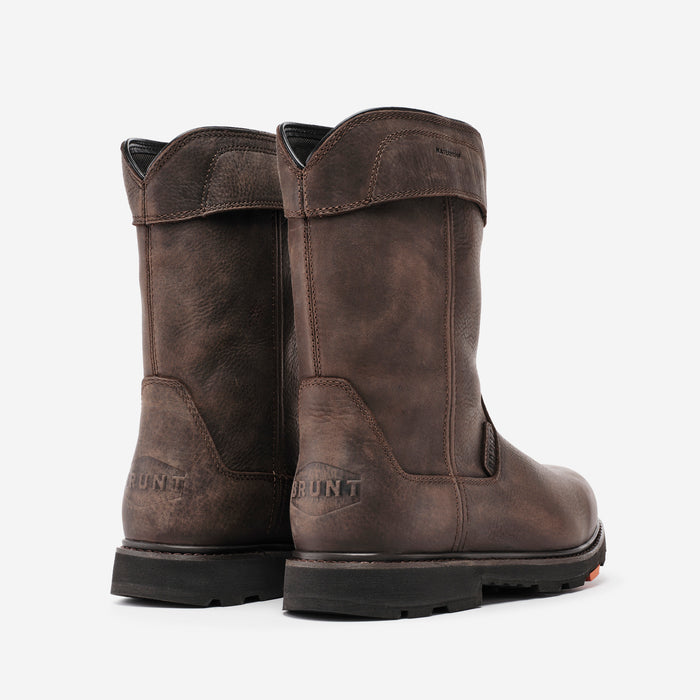 45 degree angle of the back of the BRUNT 10 inch 90 degree pull-on composite toe boot in dark brown