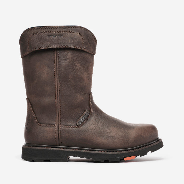 View 1 right side of the BRUNT 10 inch waterproof soft toe pull-on boot in dark brown