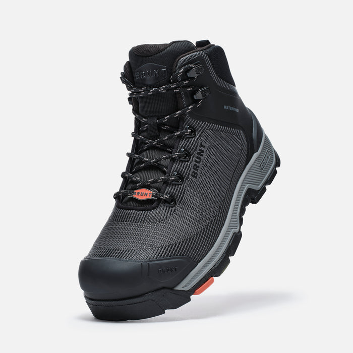 45 degree angle of the left BRUNT 6 inch lightweight 90 degree heel work boot in black