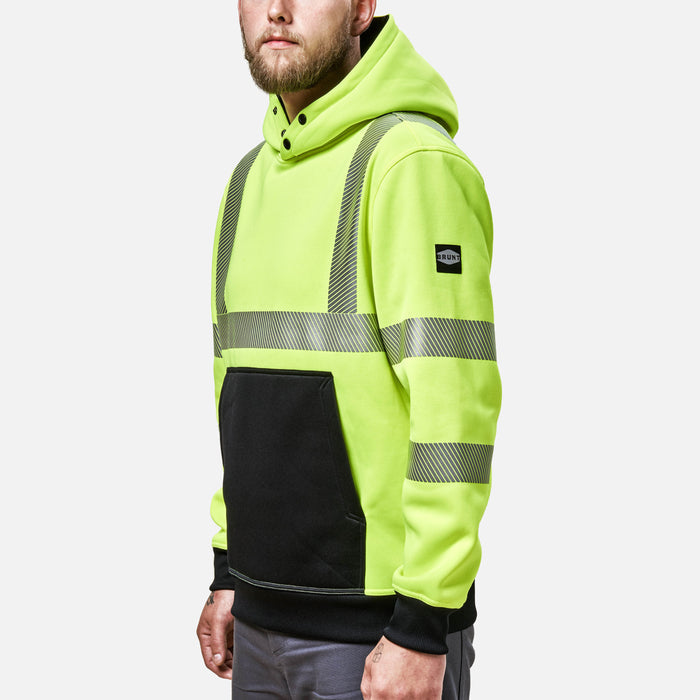 45 degree angle of the front left side of BRUNT hi-visibilty ANSI rate shevlin hoodie