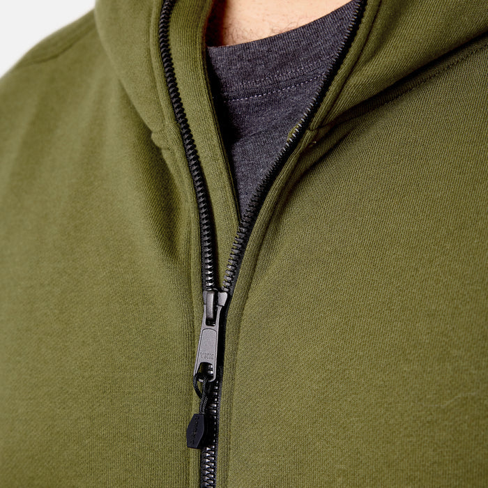 Front of the YKK metaluxe zipper of the BRUNT water resistant full zip shevlin work hoodie in hunter green * 0