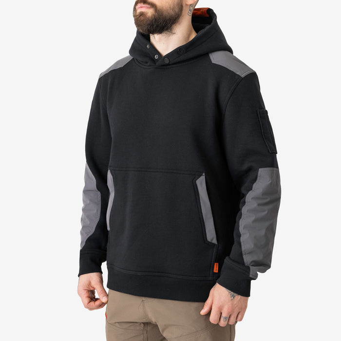 45 degree angle of the front left side of the BRUNT water resistant heavy duty shevlin work hoodie in black/charcoal