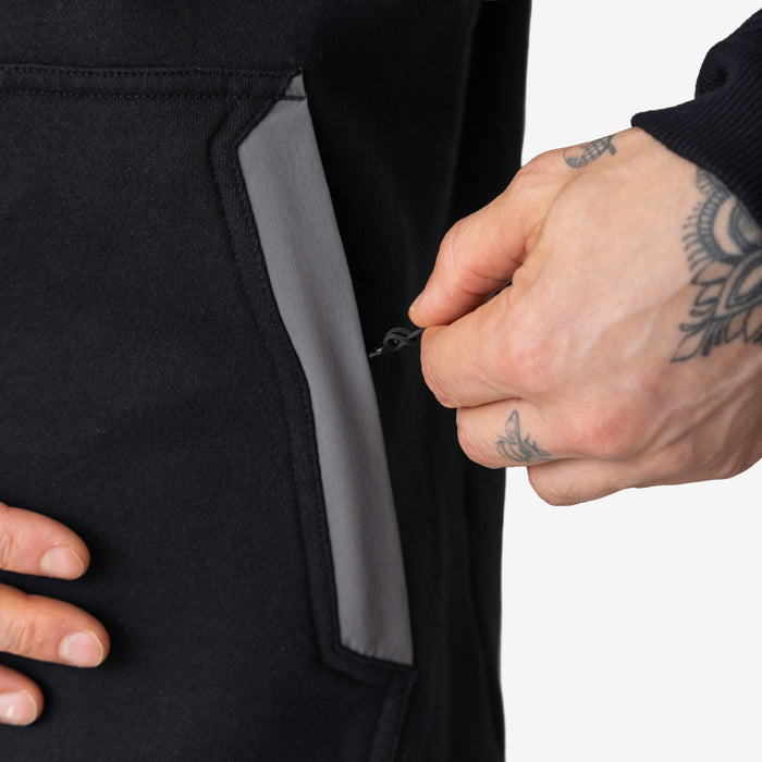 Front of hand pocket of the BRUNT water resistant heavy duty shevlin work hoodie in black/charcoal