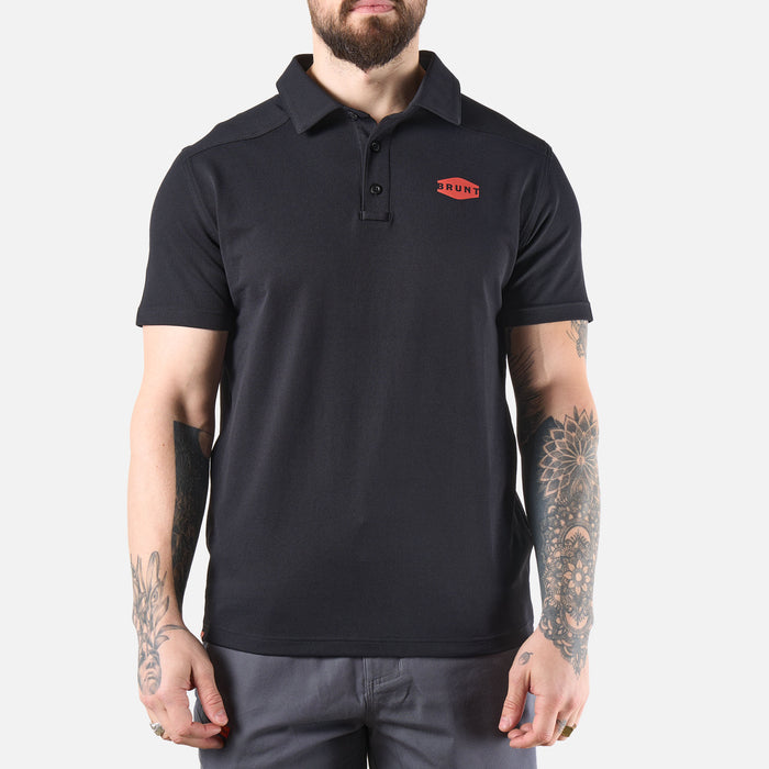 View 2 front of the BRUNT lightweight breathable polo with UPF protection in black