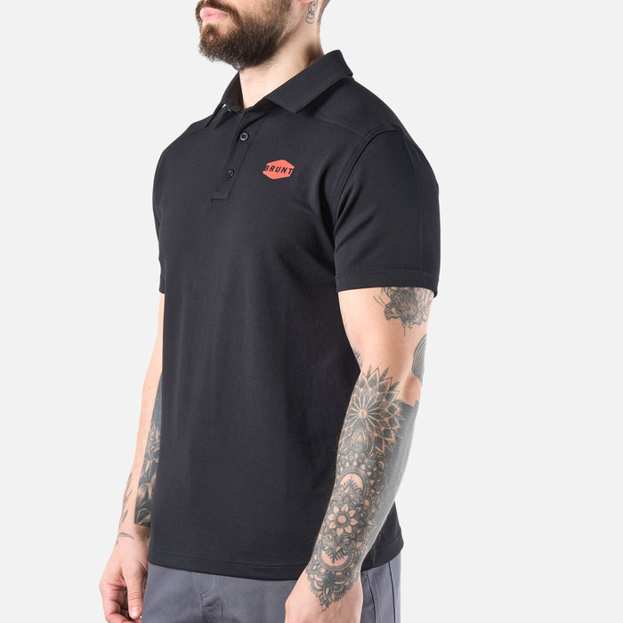 45 degree angle of the left of the BRUNT lightweight breathable polo with UPF protection in black