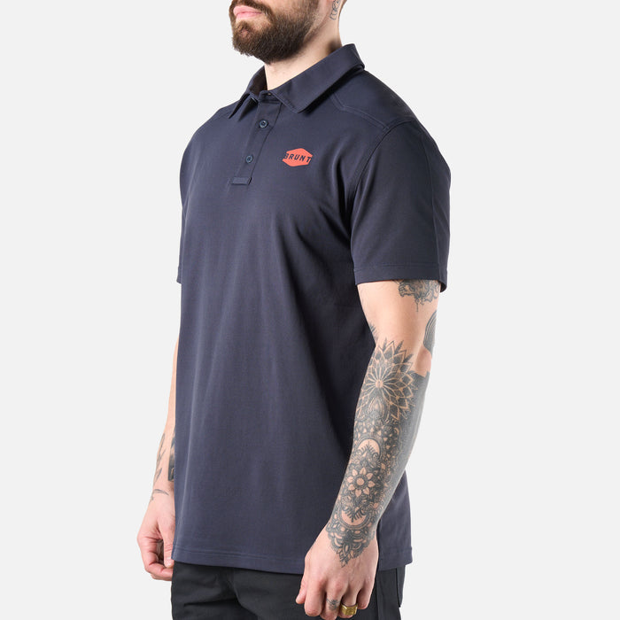45 degree angle of the left of the BRUNT lightweight breathable polo with UPF protection in navy
