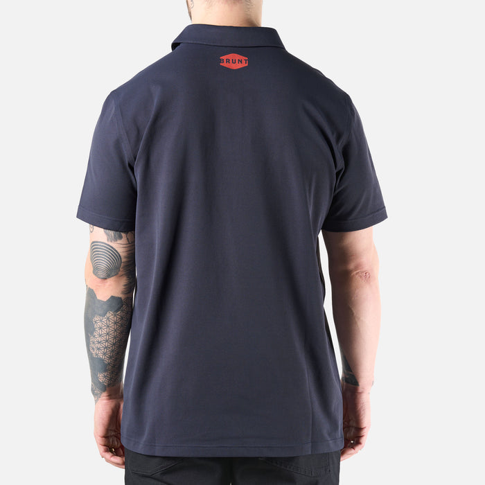Back of the BRUNT lightweight breathable polo with UPF protection in navy