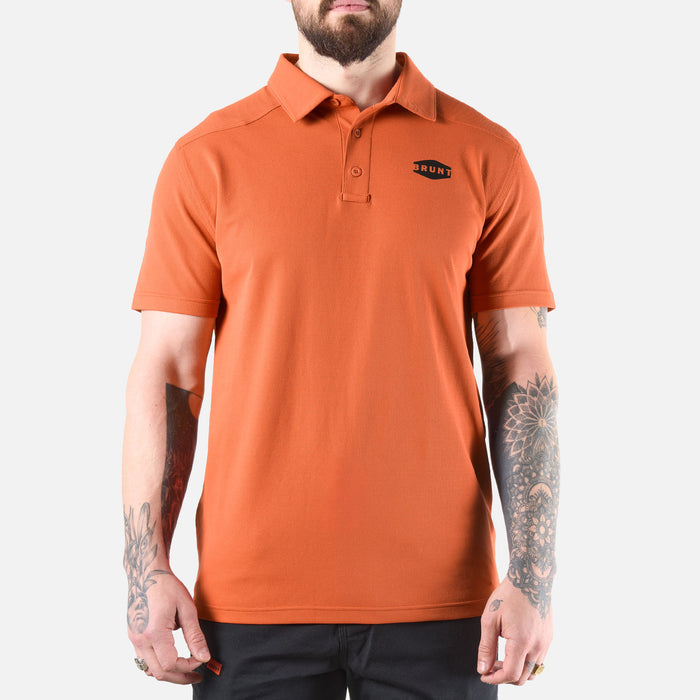 View 1 front of the BRUNT lightweight breathable polo with UPF protection in BRUNT orange * 4