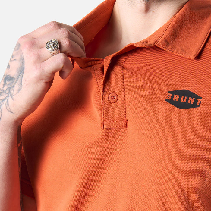 Close up of front collar of the BRUNT lightweight breathable polo with UPF protection in BRUNT orange * 4