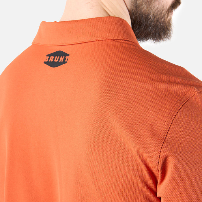 Close up of back collar of the BRUNT lightweight breathable polo with UPF protection in BRUNT orange * 4
