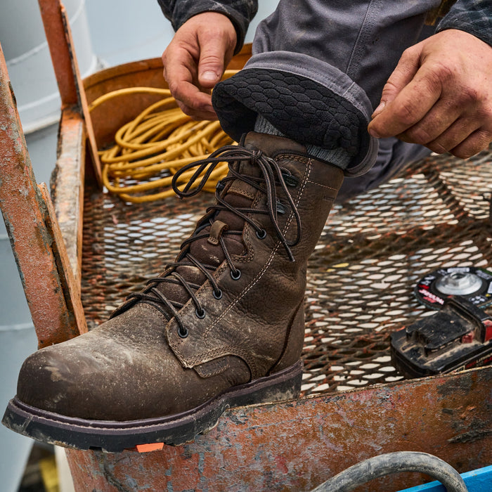BRUNT 8 inch waterproof compostie toe sullivan work boot in dark brown on jobsite