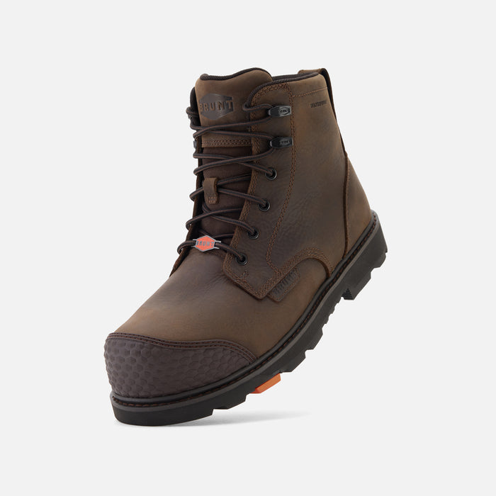 45 degree angle of the left BRUNT 6 inch waterproof reinforced composite toe sullivan work boot in dark brown