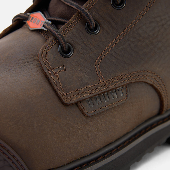 Close up detail of the BRUNT 6 inch waterproof reinforced composite toe sullivan work boot in dark brown