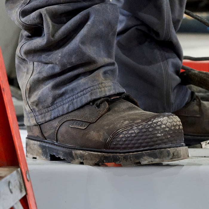BRUNT 6 inch waterproof reinforced composite toe sullivan work boot in dark brown on jobsite
