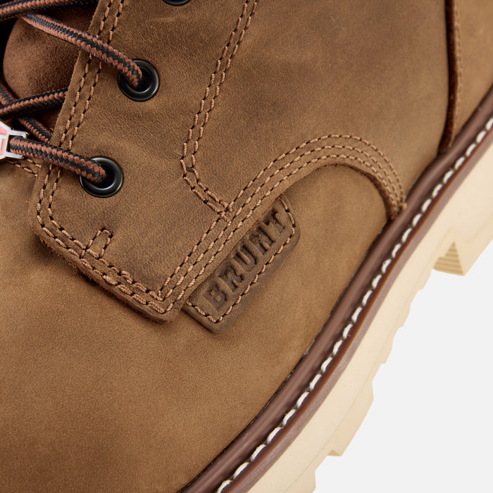 Close up details on the BRUNT 6 inch waterproof sullivan work boot in brown * 0