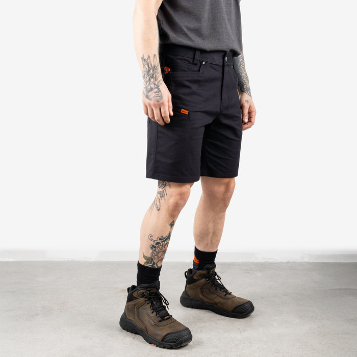 45 degree angle of front right of the BRUNT 9 inch water resistant stretch work short in black