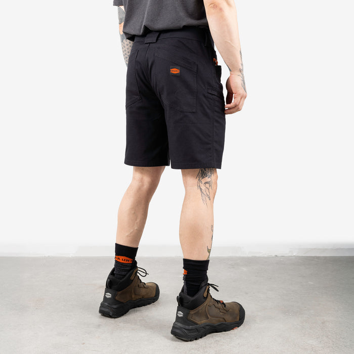 45 degree angle of back right of the BRUNT 9 inch water resistant stretch work short in black