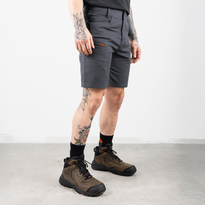 45 degree angle of front right of the BRUNT 9 inch water resistant stretch work short in charcoal