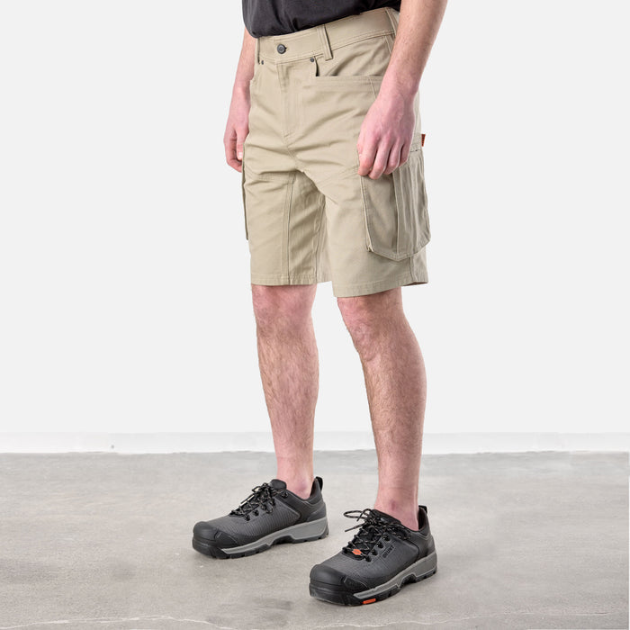 45 degree angle of front left side of BRUNT abrasion resistant cargo work shorts in khaki * 0
