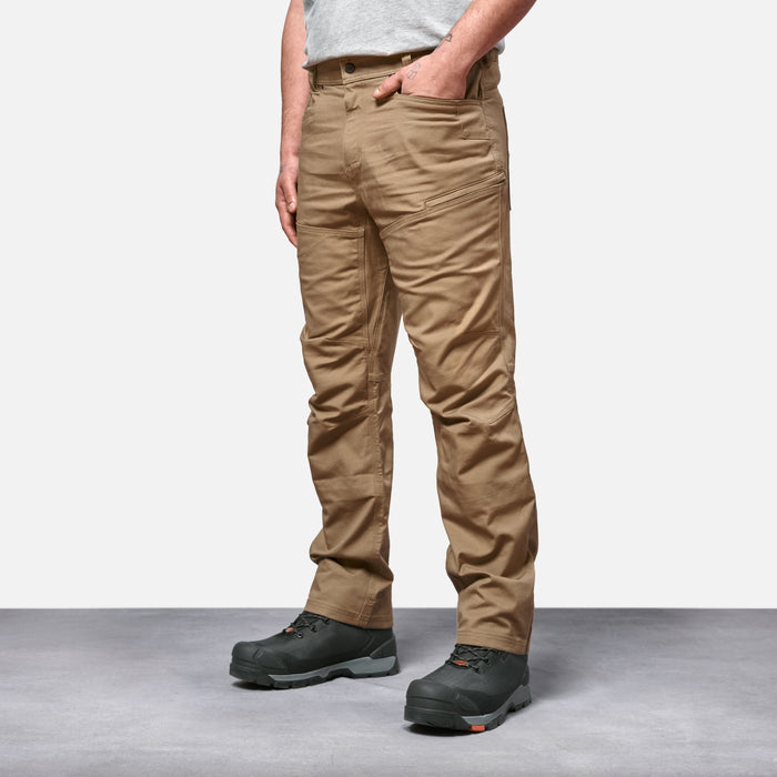 45 degree angle of front left side of BRUNT water resistant double-knee torra hd work pant in tan * 0