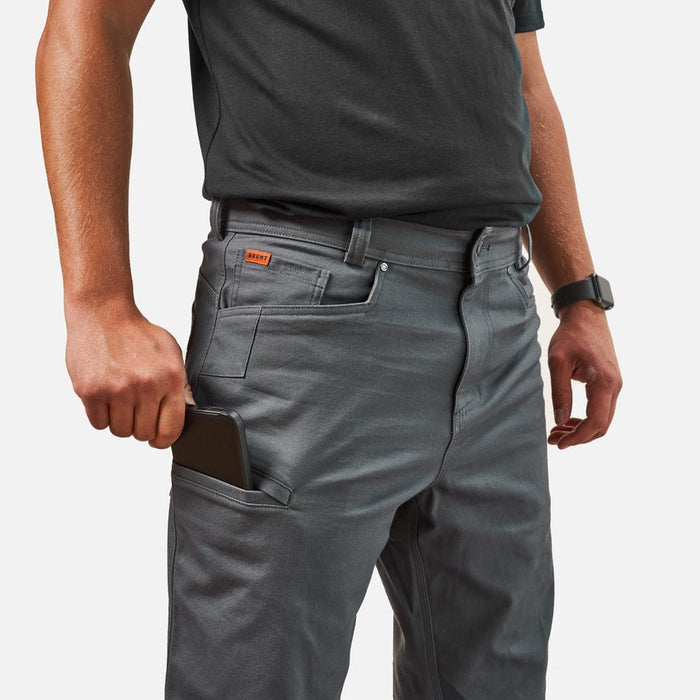 putting phone in tech pocket of BRUNT water resistant stretch torra work pant in charcoal * 3