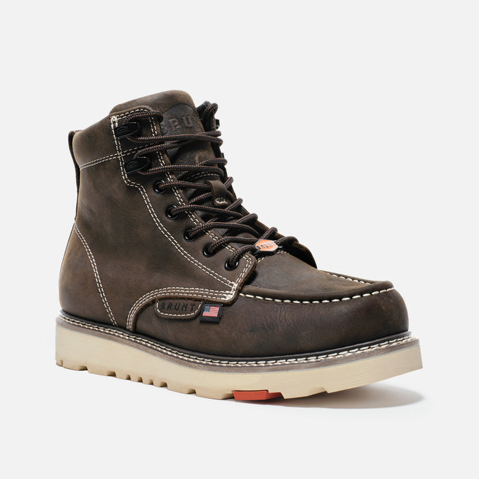 View 2 45 degree angle of the right side BRUNT 6 inch USA welted and unlined leather composite toe boot in dark brown