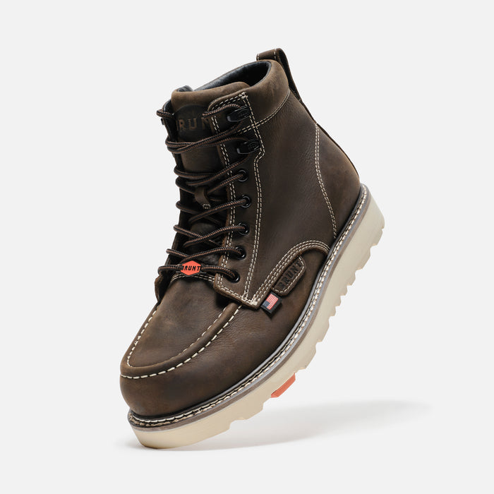 45 degree angle of the left BRUNT 6 inch USA welted and unlined leather composite toe boot in dark brown