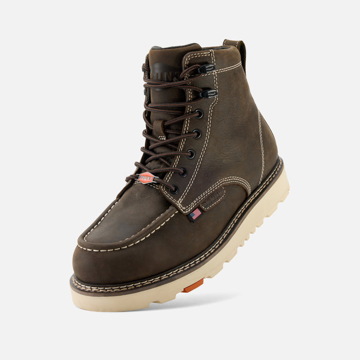 45 degree angle of the left BRUNT USA 6 inch waterproof welted moc toe marin work boot in dark brown