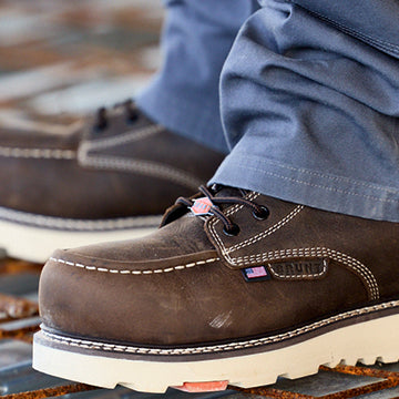 BRUNT USA 6 inch waterproof welted moc toe marin work boot in dark brown on jobsite