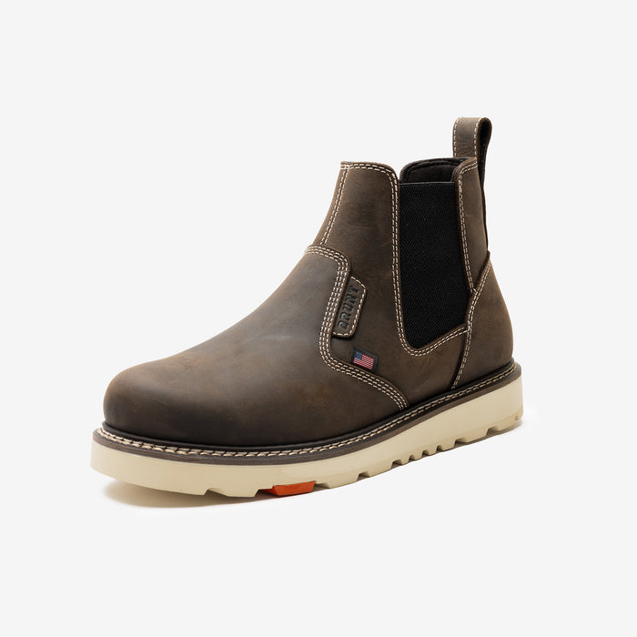 45 degree angle of the left BRUNT 6 inch usa welted comp toe slip on work boot in dark brown