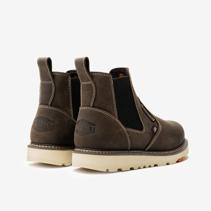 45 degree angle of the back of the BRUNT 6 inch usa welted comp toe slip on work boot in dark brown