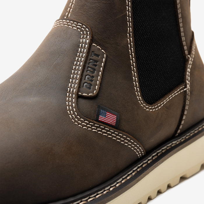 Close up of the BRUNT 6 inch usa welted comp toe slip on work boot in dark brown