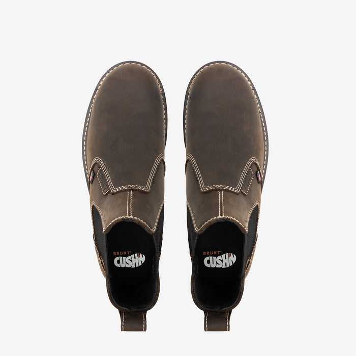 Above shot of the toe shape of the BRUNT 6 inch usa welted comp toe slip on work boot in dark brown