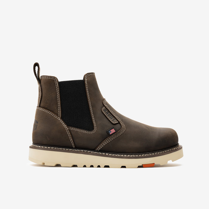 Right side of the BRUNT 6 inch usa welted slip on work boot in dark brown