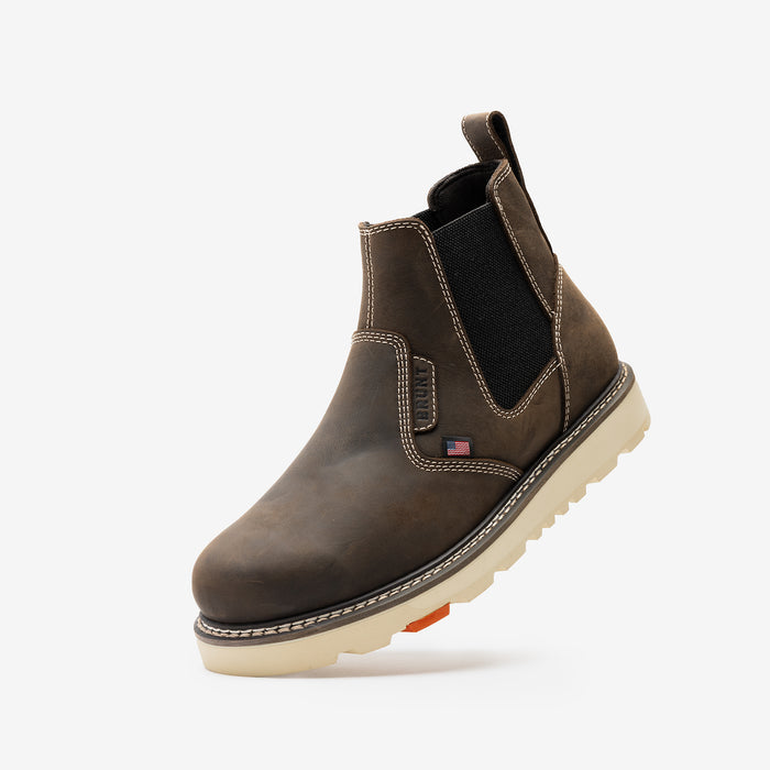 45 degree angle of the left BRUNT 6 inch usa welted slip on work boot in dark brown