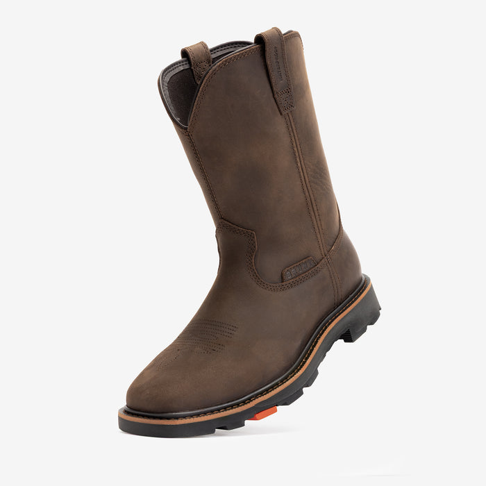 45 degree angle of the left BRUNT 10 inch waterproof composite square toe work boot in dark brown