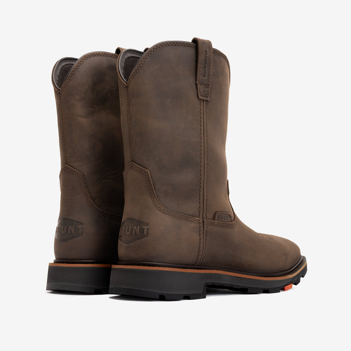 45 degree angle of the back BRUNT 10 inch waterproof composite square toe work boot in dark brown