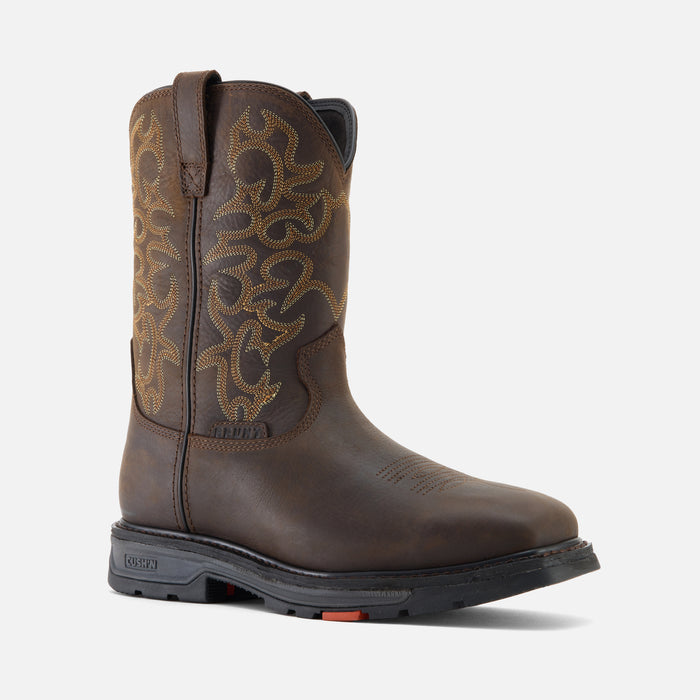 View 2 45 degree angle of the right BRUNT 10 inch welted square toe work boot in dark brown